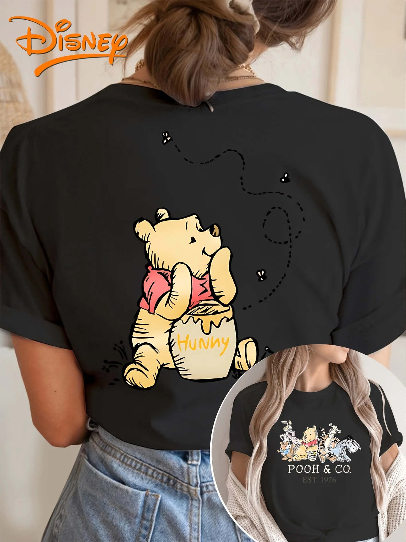 Authentiek Disney schattig dames T-shirt met korte mouwen en Winnie de Poeh, Teigetje, Knorretje, Iejoor en Honingpot