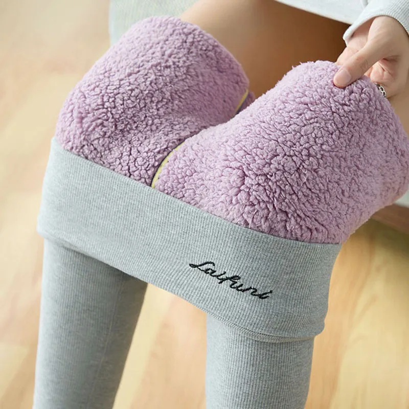 Lucyever Winter Thick Warm Plush Pants Women Fashion High Waist Tight Fleece Trousers Woman Solid Color Casual Stretchy Leggings