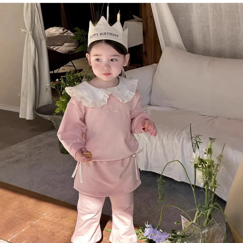 

Korean Girls' Outfit2025Autumn New Sweet Lace Trim Collar Sweatshirt Baby Girl Dress Pants Two-Piece Set