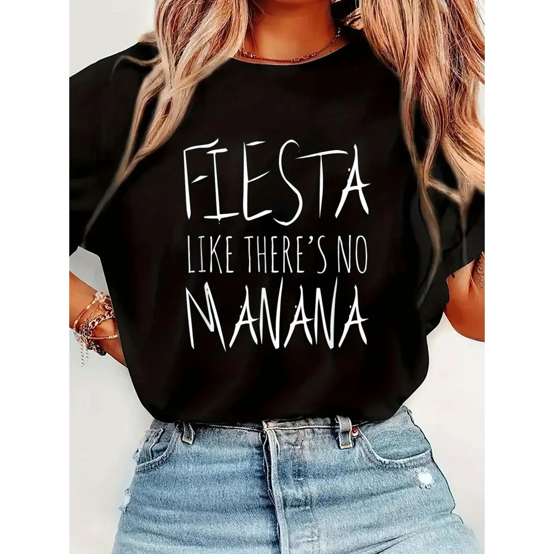 

Women's "Fiesta Like No Mañana" T-Shirt | Funny Spanish Quote Graphic Tee | Party Lover Latina Culture Gift Top