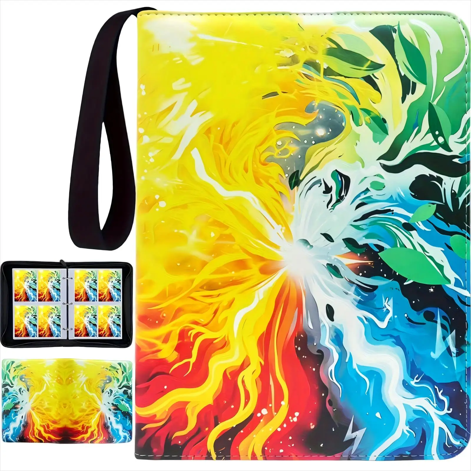 Álbum de cartas colecionáveis, fichário de 4 bolsos - 400 bolsos dupla face Pu Premium Zipper Trading Collection Binder com 50 porta-cartões com mangas destacáveis adequados para Tcg, Mtg, cartões esportivos, amarelo, presente de Halloween, presente de Natal