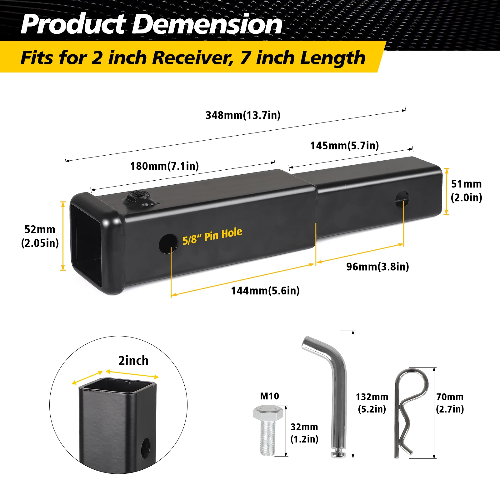 With 2 Inch Receiver Tube Extender Wth 5/8 Inch Hitch Pin and Clips 3000KG GTW Black 9.65