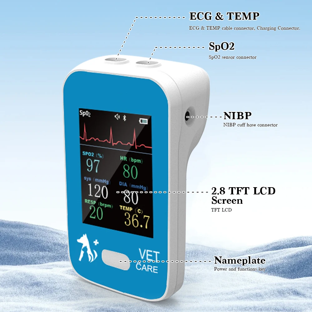 Veterinary Handheld Vital Signs Monitor Animal Bluetooth APP Patient Monitor SpO2/HR/Temp/ECG/RR/NIBP Medical Equipment