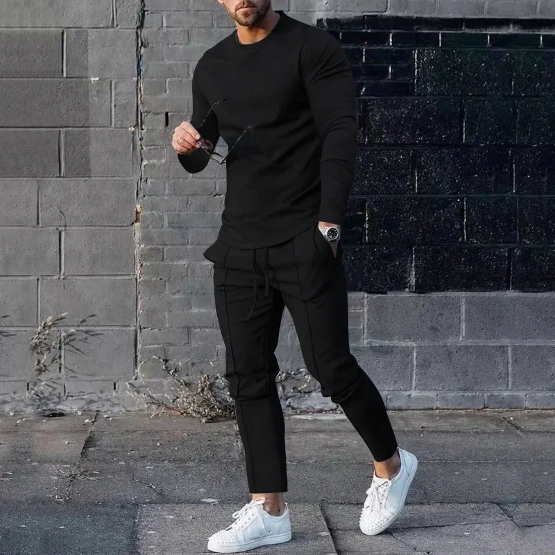 Spring Autumn Men Sports Suits Slim Fit Elasticated Waist Casual Long Pants O Neck Pullover Male Tops Solid Color Two-piece Set