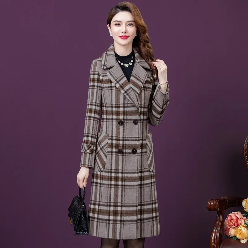 

Real shot slim fit high-end woolen coat women's winter new retro plaid medium and long temperament coat