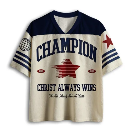 Navy Beige Mesh V Neck Jersey, Champion Christ Always Wins Star Letter Print Loose Top