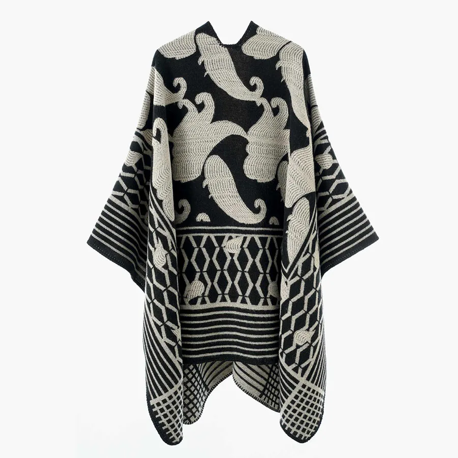 Women Geometric Jacquard Poncho Shawl Oversize Vintage Open Front Faux Cashmere Cape Autumn Winter Casual Travel Warm Wrap