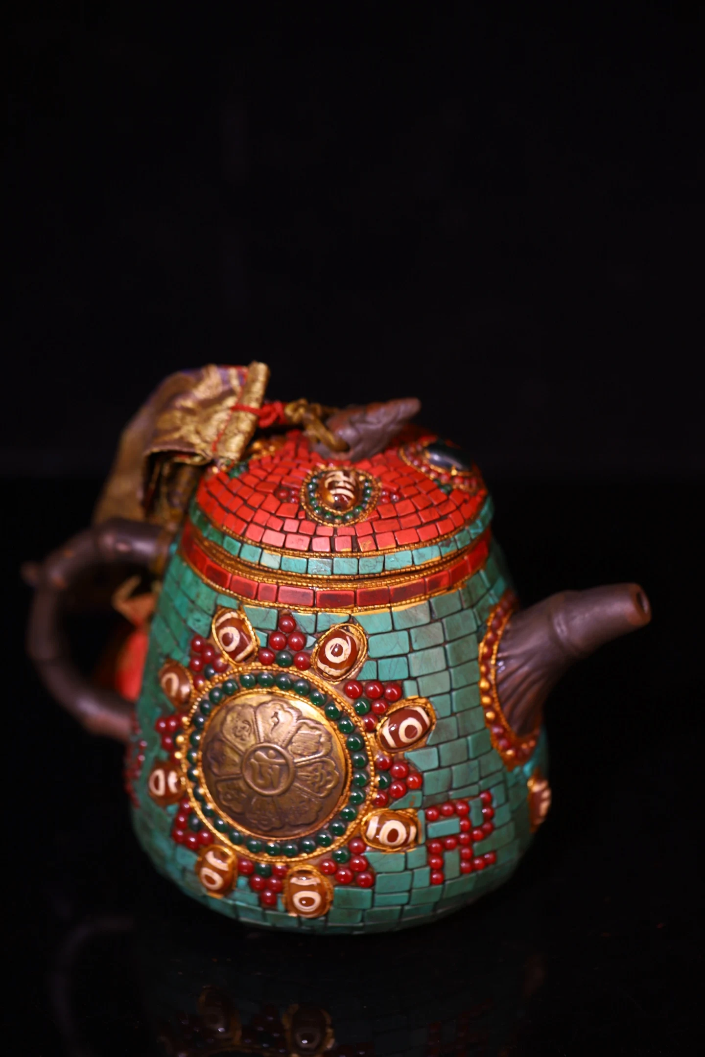 Old Purple clay teapot Mosaic Gem gZi Beads Turquoise Six character mantra kettle teapot Buddha pot Worship Hall