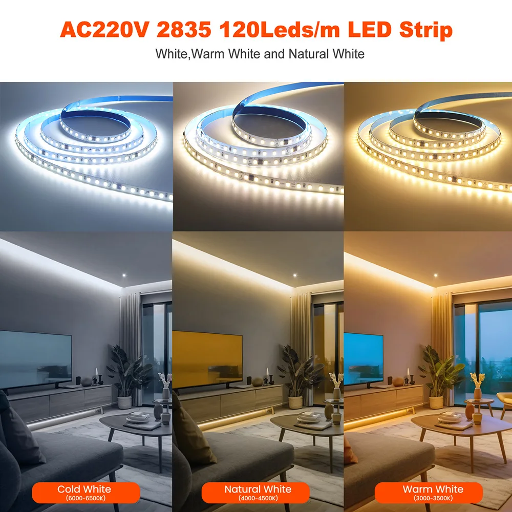 5m 2835 Taśma LED AC 220V 230V 240V 120LEDs/m Elastyczna taśma LED z układem scalonym do dekoracji wnętrz 3 kolory