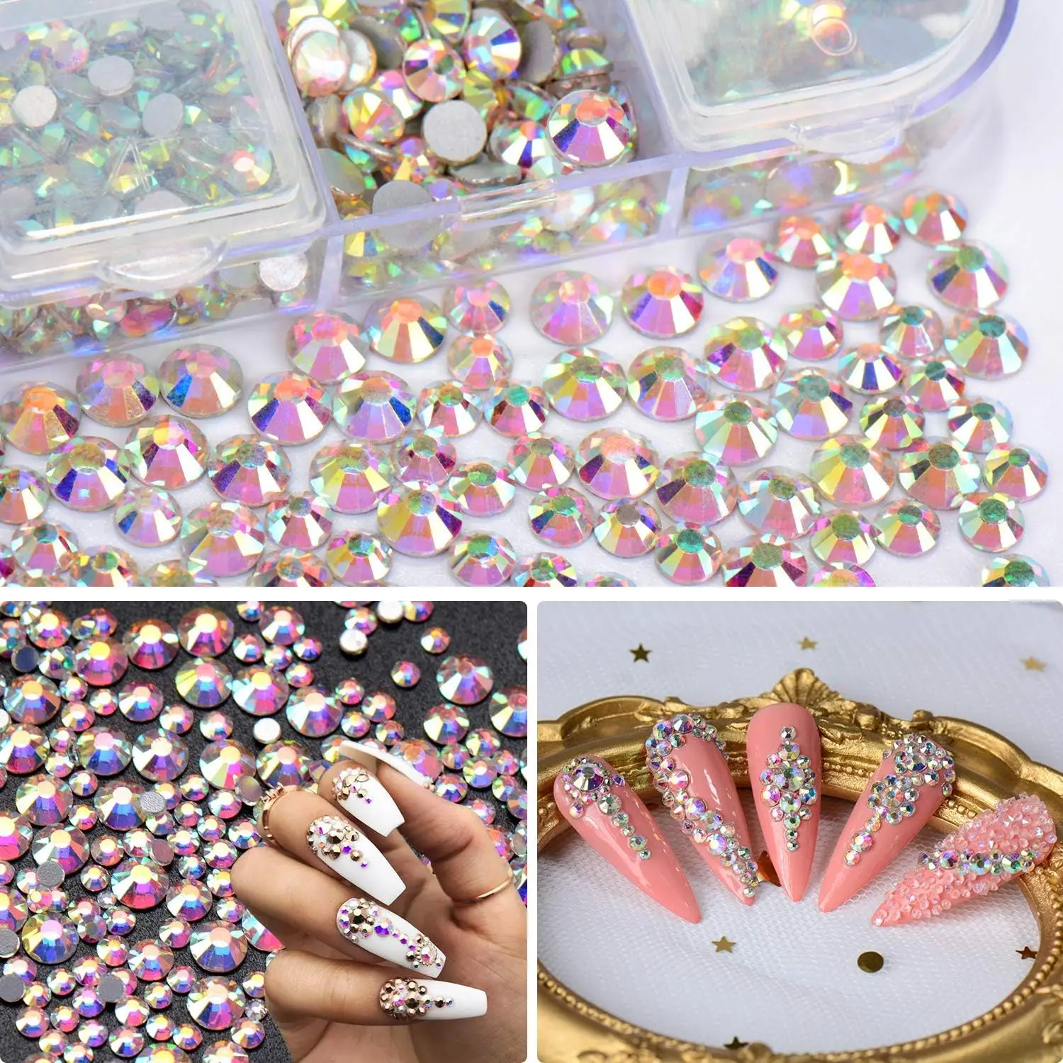 Cristal Prego Rhinestones Set para Artesanato DIY, Vidro Plano Voltar, Redondo, Claro, AB Prego Gems, Nail Art, roupas, sapatos, sacos, 4000 Peças