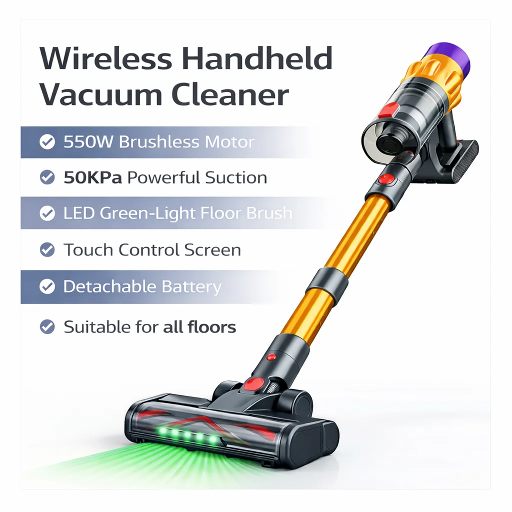 Aspiradora Inalámbrica de 550W, 50KPa de Succión Potente, Pantalla Táctil LED, Batería Desmontable, Luz Verde, Aspiradora de Mano para el Hogar