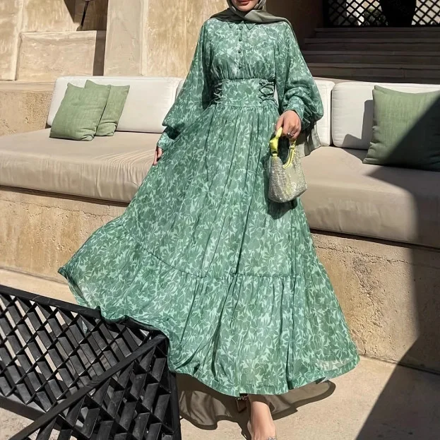 Middle East 2026 New Fashion Women's Turn-down Collar Breasted Long Sleeve Elegant Casual Trendy Printed Ankle Length Dresses