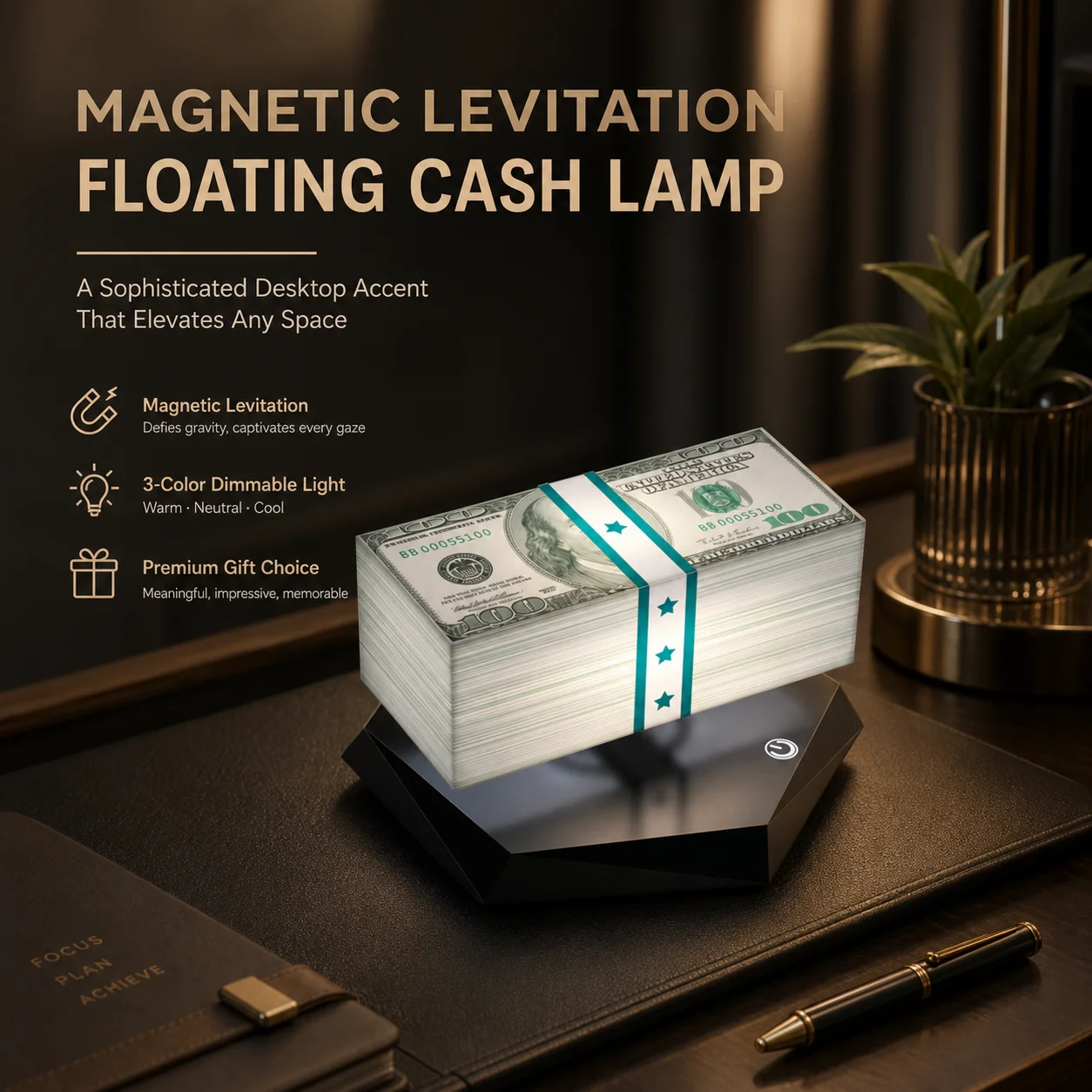 WWPPU Magnetic Levitation Floating Cash Lamp 3 Colors Touch Dimming Money Lamp Power Off Protection Sconce Office Desk Light