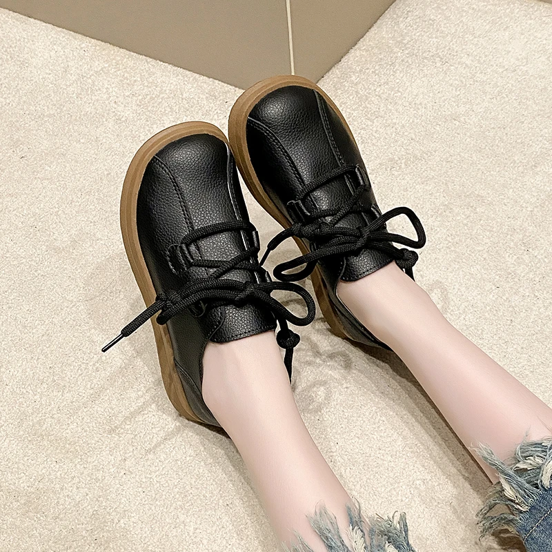 Women Single Shoes Spring and Autumn New Low Heel Round Head Lace-up College Shoes Casual Fashion Wear-resistant Leather Shoes