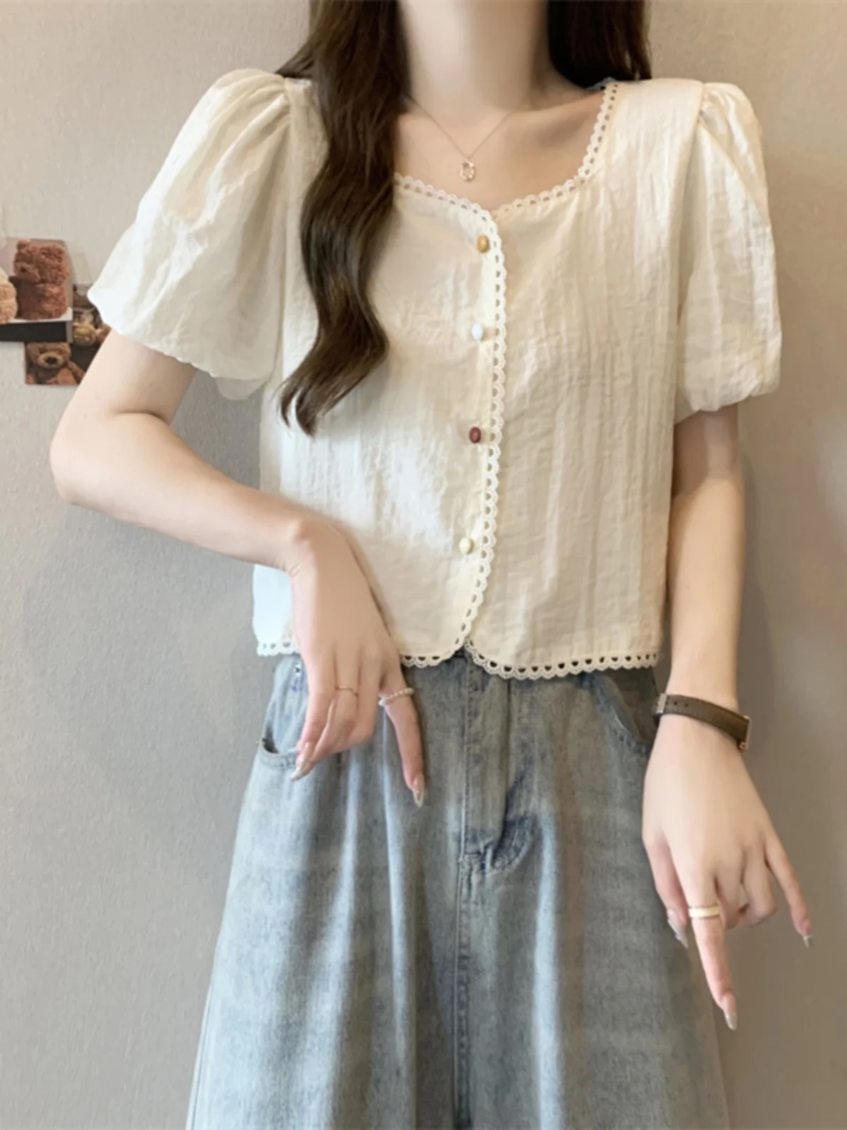 Short Sleeve Square Collar Shirt Women's Summer New plus Size Flattering Slimming Sweet Little Shirt Korean Style Straight Cut