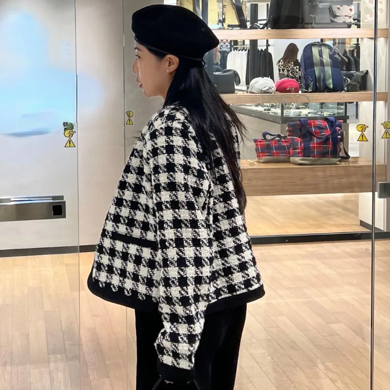 แจ็คเก็ตแขนยาวสำหรับผู้หญิงเสื้อแจ็คเก็ตคอกลมคอกลมผ้าทวีต Houndstooth เสื้อแจ็คเก็ต2024ผู้หญิงฤดูใบไม้ร่วงฤดูหนาว