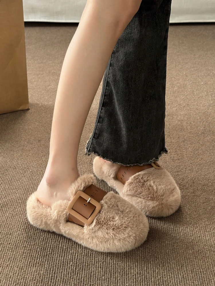 Slippers Casual Flock Med Shoes Platform Fur Flip Flops Cover Toe Slipers Women Slides Luxury Plush Flat 2024 Rubber  with fur F