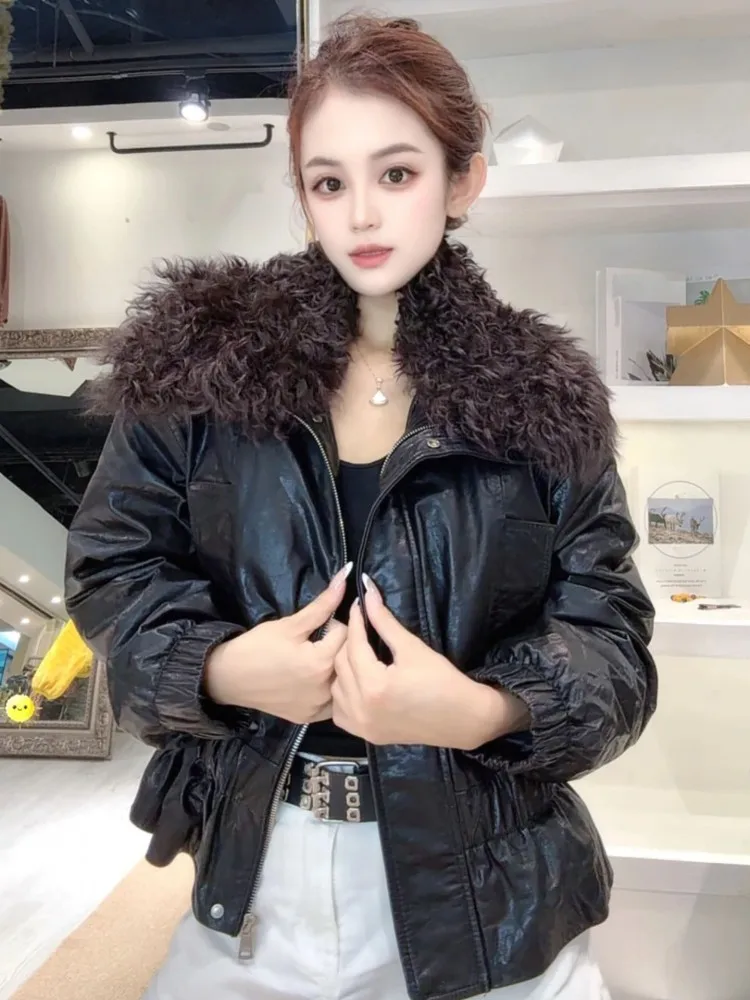 Winter Women Turndown Collar Cowhide Genuine Leather Down Jacket Coat Fashion Warm Zipper Loose Fit New Designer Jackets Outwear