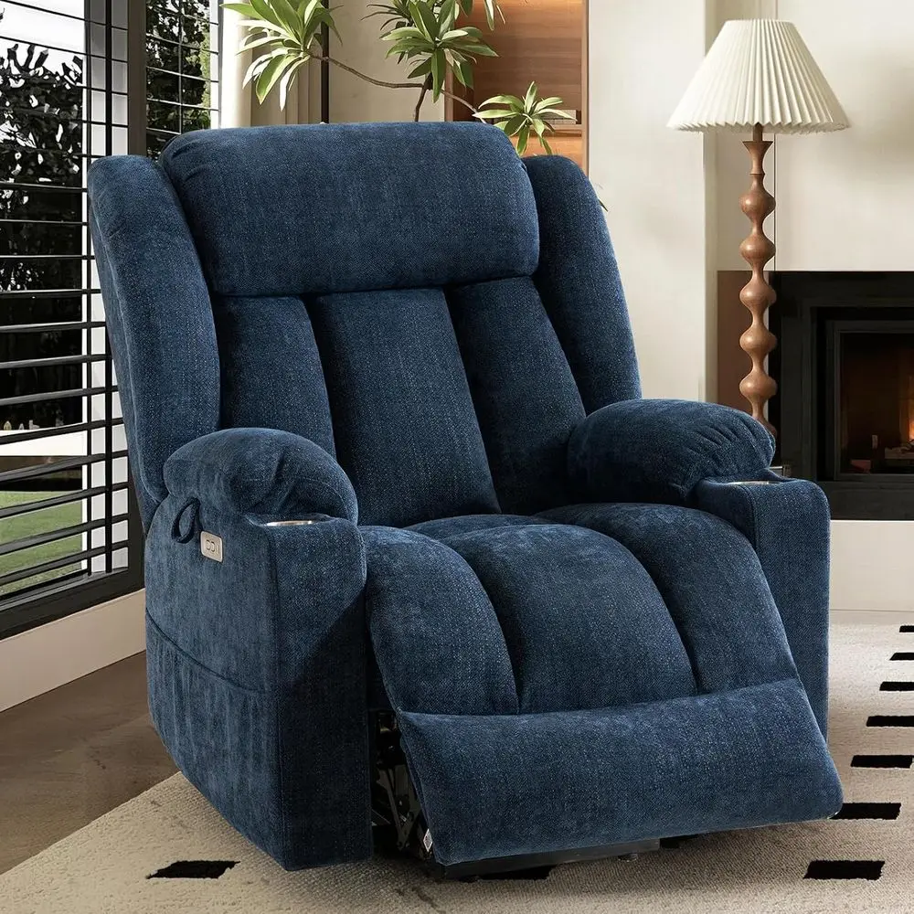 

Elderly-Friendly Recliners with Massage, Heat, and Wide Seating, Plush Chenille Chairs with Cup Holders, USB & Type-C Ports, Blu