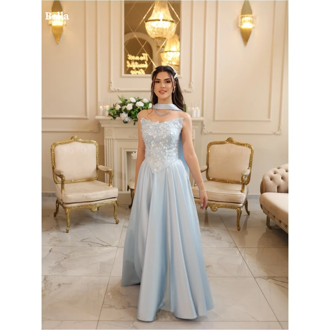 

Bella индивидуальное светло-голубое кружевное платье с открытыми плечами и вышивкой, атласное элегантное струящееся бальное платье, вечерние платья, robes de soirée