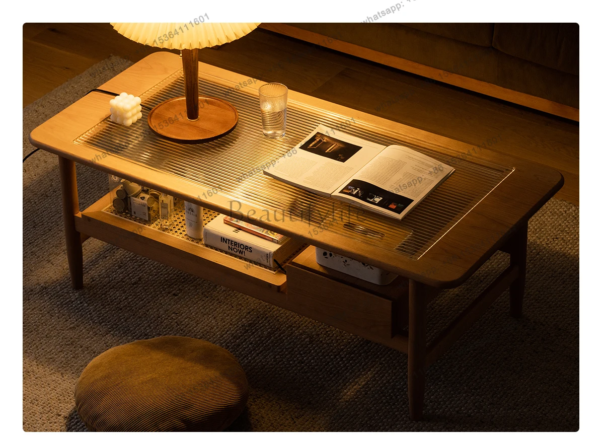 Nordic rattan cherry wood living room household small apartment rectangular tea table