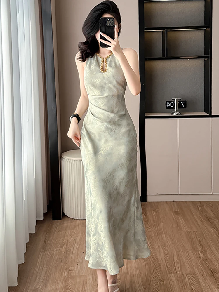 2025 nova impressão sem mangas chique diamantes luxo vestido longo feminino elegante babados vestido de verão coreano bodycon festa vestidos