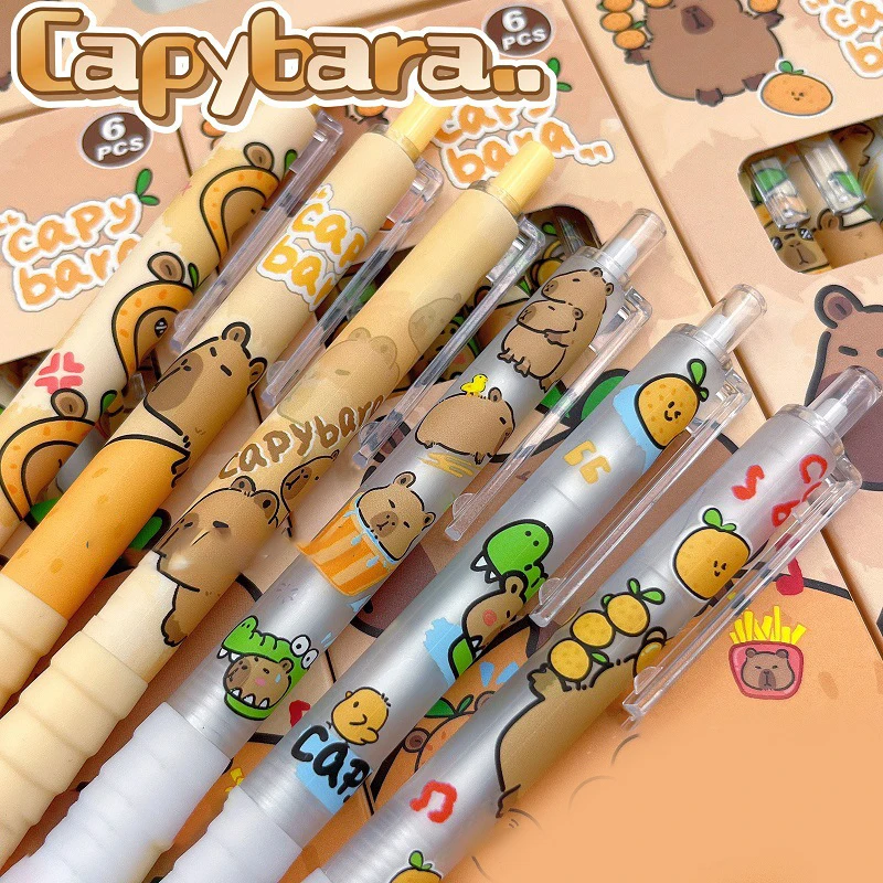 6Pcs Cartoon Capybara Gel Pen Quick-Drying Writing Smooth Pen Pressing Neutral Pen School Stationery Supplies