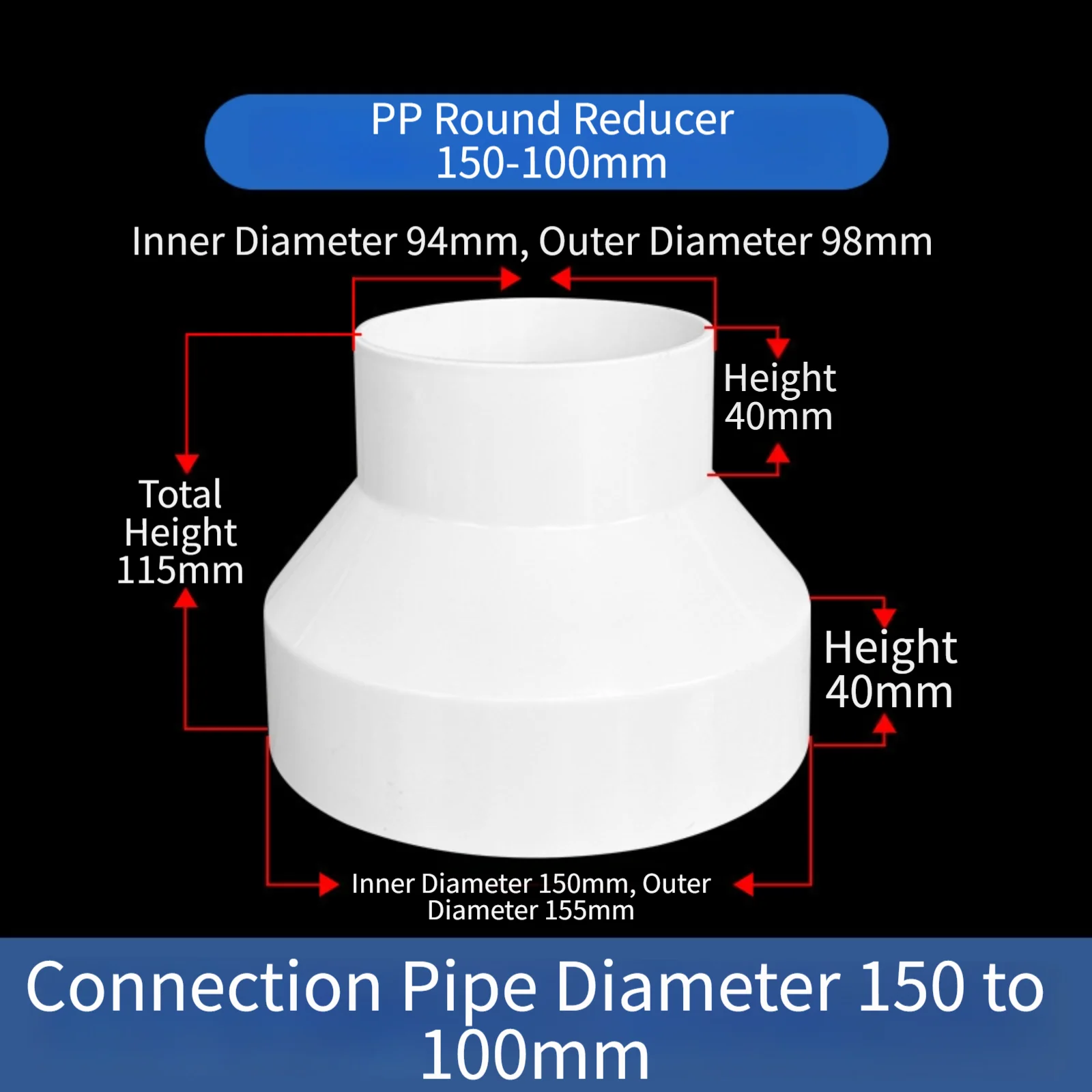 Range Hood Ventilation Reducer Adapter Made of ABS Plastic Compatible with 150mm to 100mm and 200mm to 150mm Duct Sizes