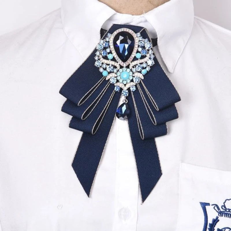 

Blue Rhinestone Bow Ties Luxury British Korean Style College Uniform Shirt Accessories Men and Women Bank Staff Collar Flowers