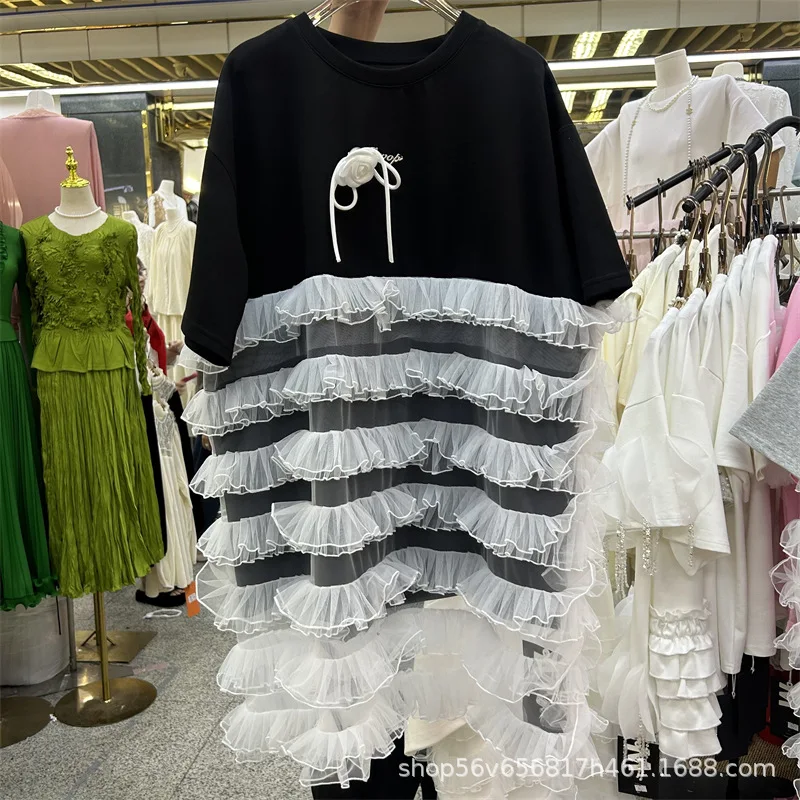Chic ผู้หญิงตาข่าย Spliced Ruffles เสื้อยืดฤดูใบไม้ผลิฤดูร้อนผ้าพันคอจีบ 3D Bowtie Tees หลวมแขนสั้นเส้นด้าย Tops ...