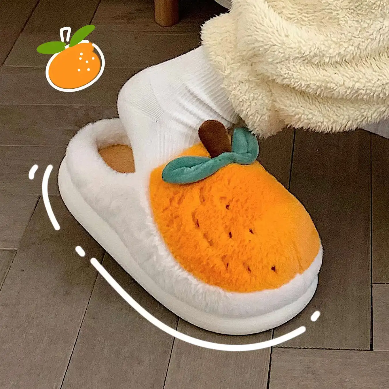 Cartoon Cute Plush Orange Cotton Slippers Women's Winter Home Indoor Warm Soft Bottom Bedroom Non-slip Slippers
