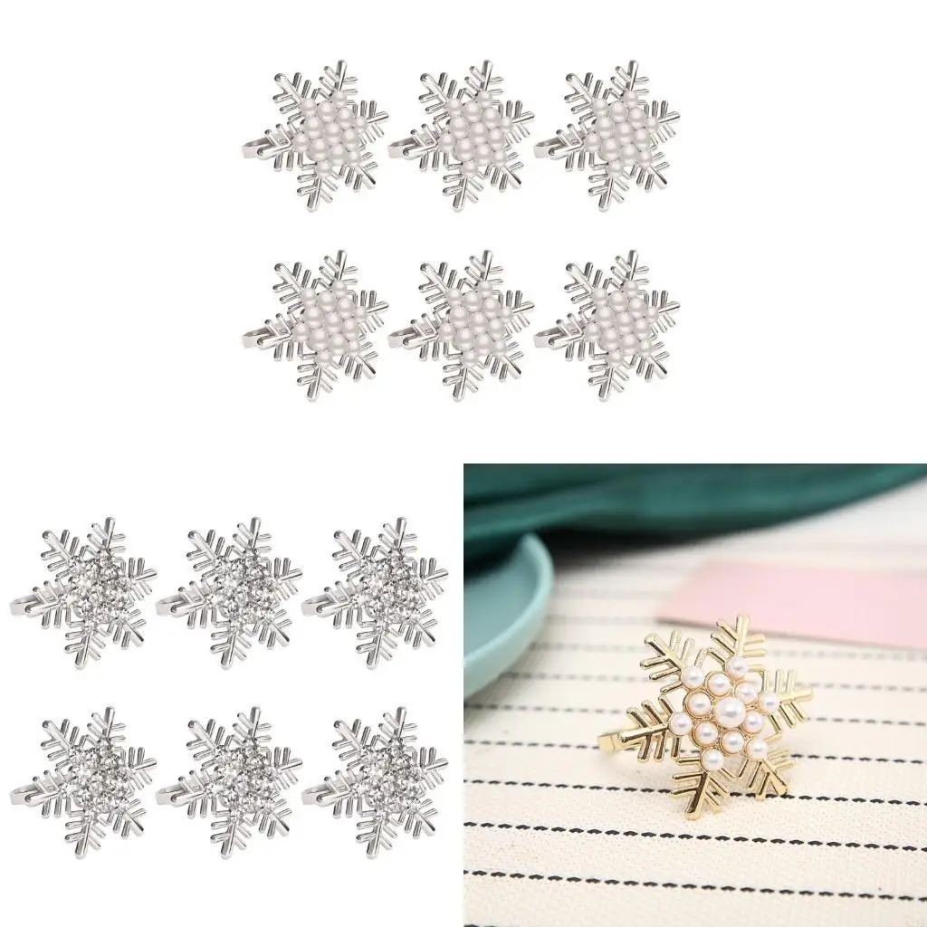 62KD Pack of 6 Versatile Snowflake Napkin Rings Pearls/Diamond Christmas Napkin Holders Elegant Table Adornment for Banquet