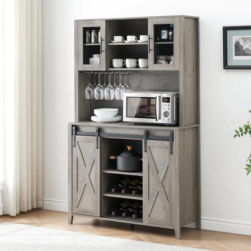 

Farmhouse Coffee Bar Cabinet with Sliding Barn Door, 70" Tall Buffet Cabinet with Storage Shelves, Liquor Cabinet with Wine