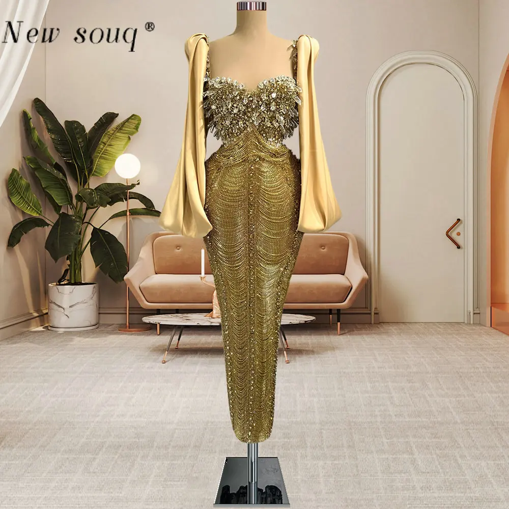 Luxury Gold Long Puff Sleeves Midi Length Evening Dresses Fashion Crystals Rhinestone Chains Fringes Formal Women Party Gowns