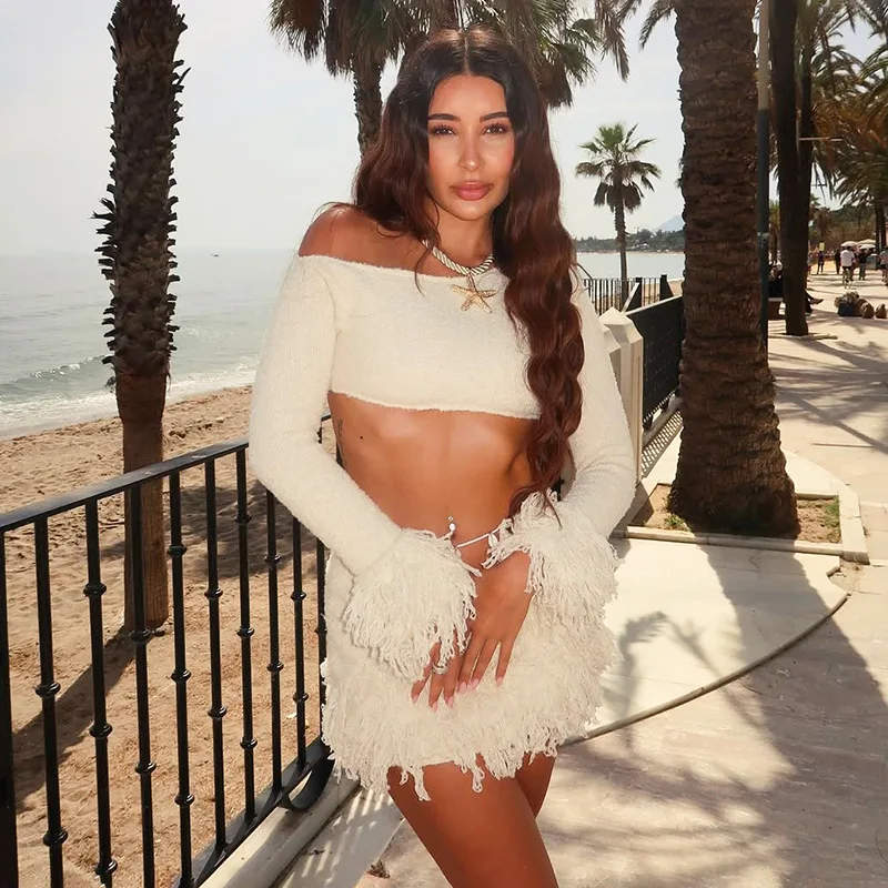 STYLISH LADY Knitted Tassel 2 Piece Set Women Long Sleeve Crop Top and Mini Skirt Suits 2025 Autumn Sexy Club Party Outfits