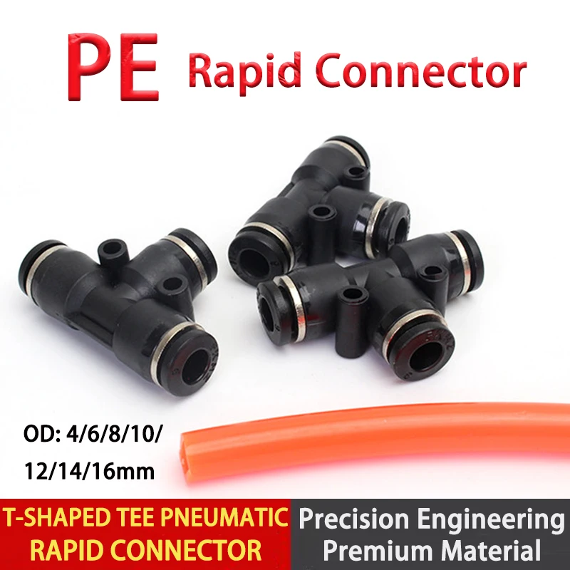 1Pc Black Three-Way T-Shaped Pneumatic Quick Connector Tube Insertion 4mm 6mm 8mm 10mm 12mm 14mm 16mm Hose Sealing and Fastening
