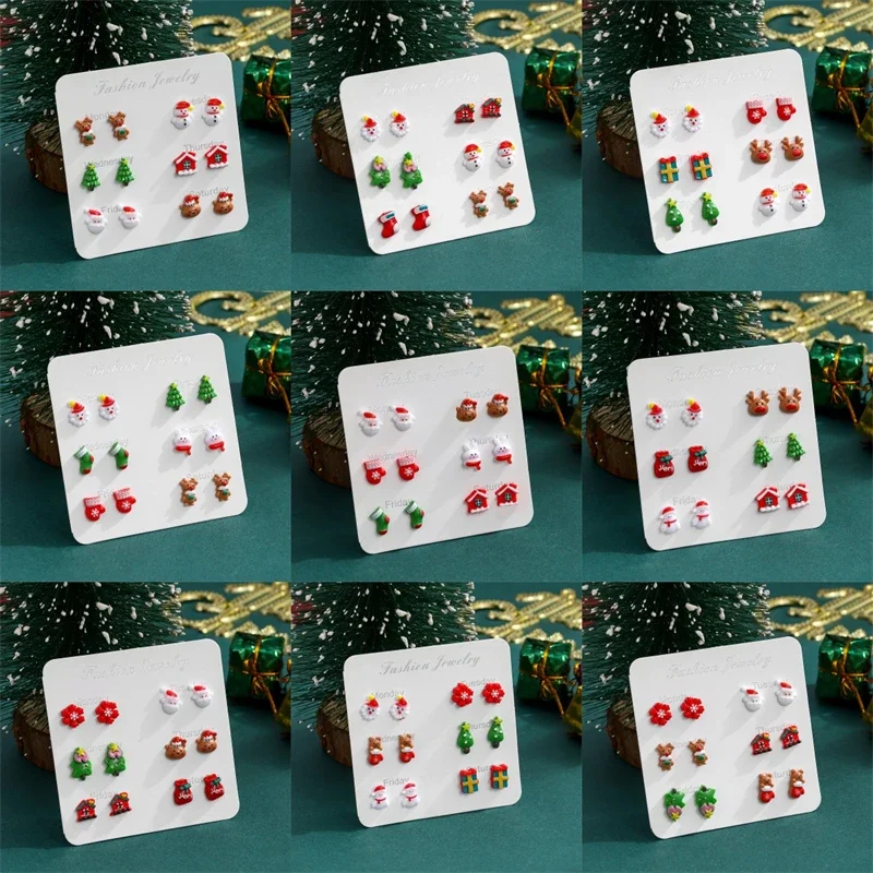 6 Pairs/Set Christmas Stud Earring For Women Santa Claus Snowman Xmas Tree Snowflake Resin Combination Earrings Set Girl Jewelry