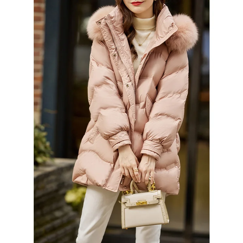 Vimly Long Puffer Down Jacket for Women Warm Winter Coat 2023 Korean Fashion Thickened Hooded Luxury Fur Collar Loose Outwear