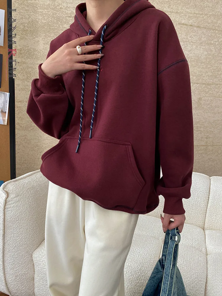 [LANMREM] Drawstring Hooded Design Sweatshirt Women's Long Sleeve Casual Loose Minimalism Warm Tops 2024 Winter New 26C1043