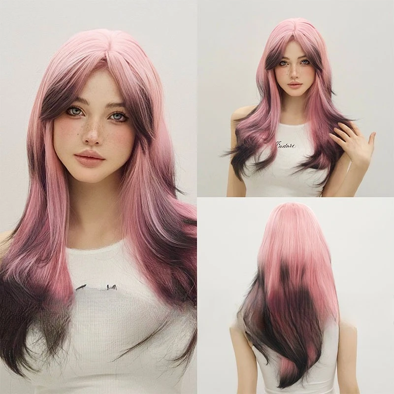 

Trend pink gradual change eight-character bangs medium and long hair fashion mullet head wig layered hair tail dye