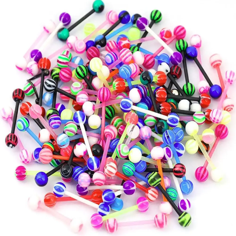 50/100Pcs 14G Acrylic Tongue Rings Multi Color Assortment Flexible Tongue Rings Barbells Mix Fashion Piercing for Woman and Man