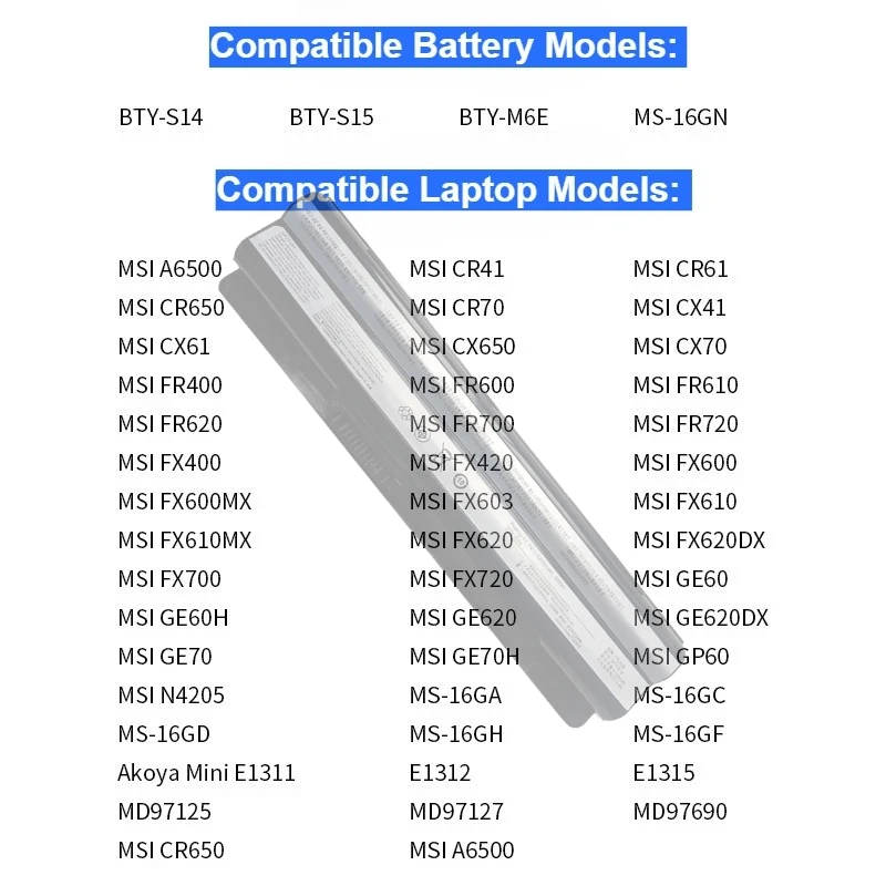 

New 6 Cell BTY-S14 Laptop Battery for MSI GE60 GE70 Series CR41 CX61 CR70 BTY-S15 CR650 FR700 FR600 MS-16 for MSI A6500 CR650