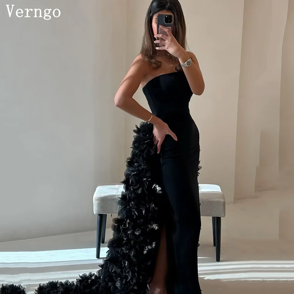 

Verngo Black Appliques Evening Dress Strapless Mermaid Prom Party Dress Elegant Arabic Formal Occasion Dresses Customized