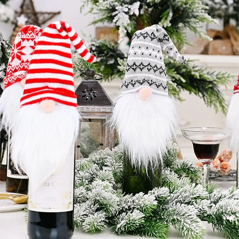 2pcs Cartoon Santa Claus Wine Bottle Cover Reusable Exquisite Faceless Doll Champagne Bottle Cover Cute Knitted