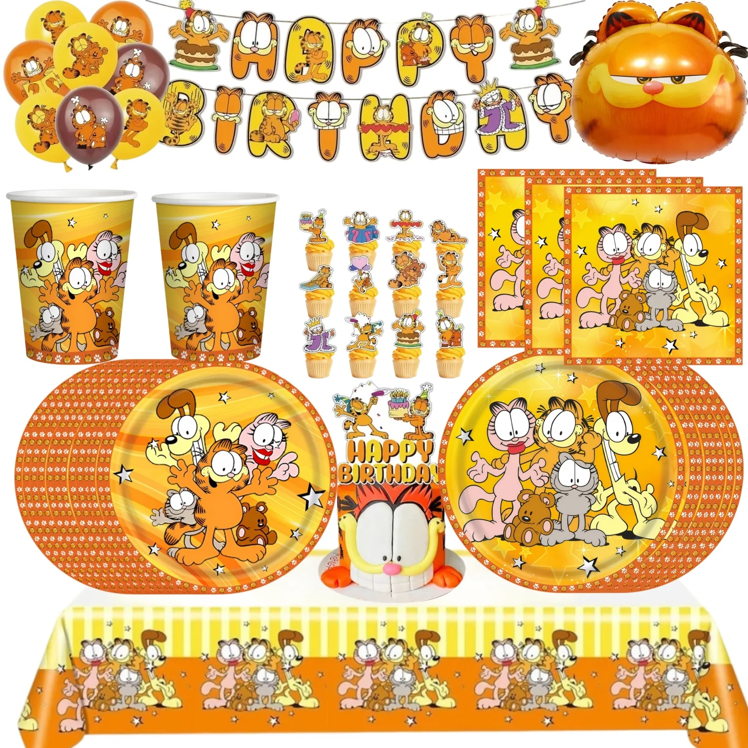 Cartoon G-Garfield Geburtstagsparty-Dekoration Niedliche Orange Katze Tischgeschirr Becher Teller Luftballons für Kinder Geschenke Baby-Shower