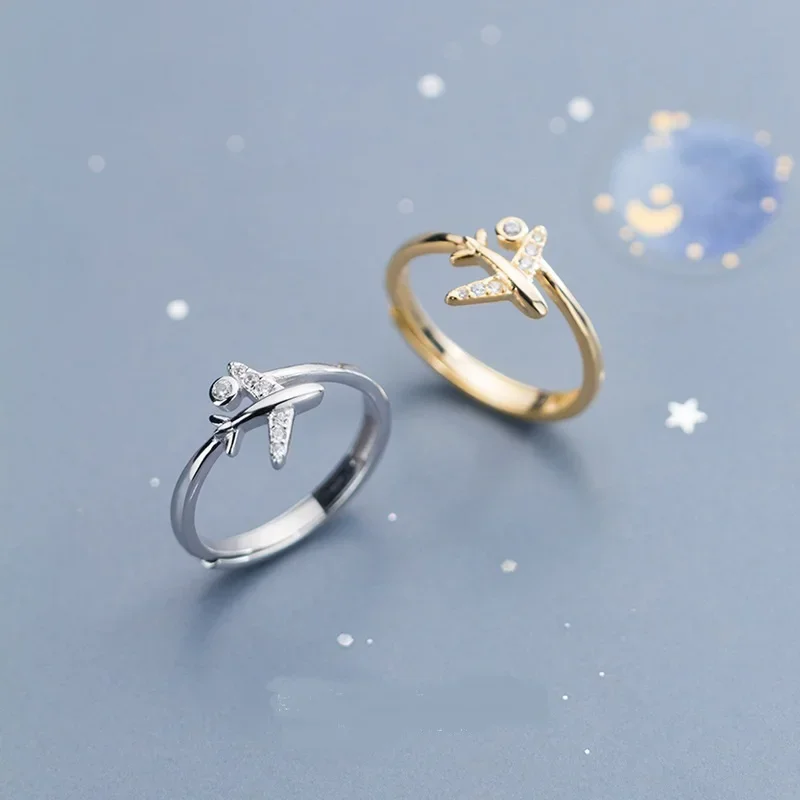 New Zircon Airplane Adjustable Open Finger Rings for Women Girl Korean Charming Fashion Silver Gold Color Jewelry Gift