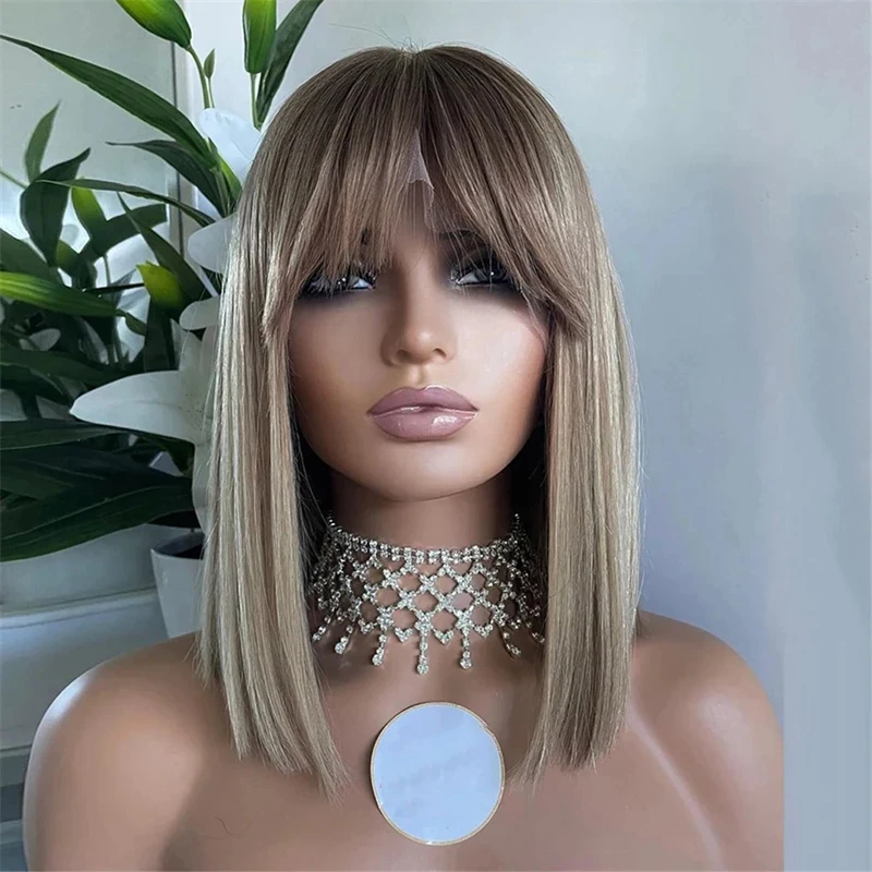 

Short Bob With Bangs Ombre Ash Blonde Brown HD Transparent Lace Front Wig Heat Resistant Fiber Hair Wig Glueless Synthetic Wig