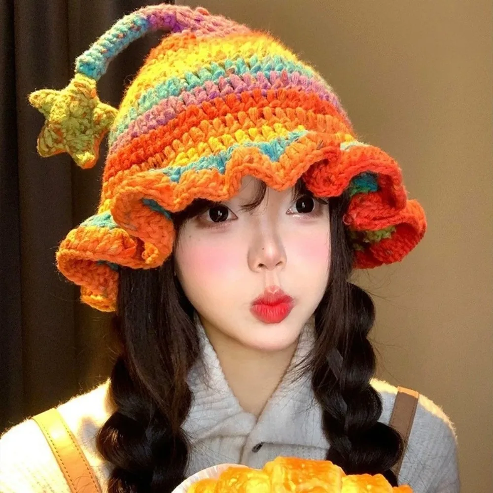 Cute Hand-Crocheted Knitted Elf Hat Colorful Star Design Fairy Hat Warm Wizard Hat for Adult and Children