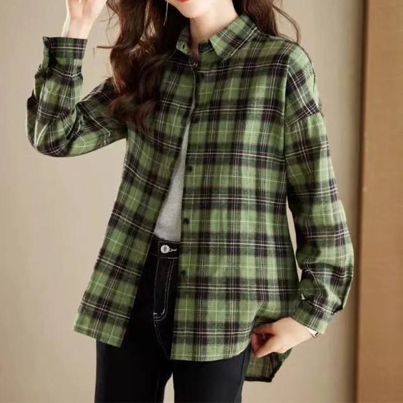 Loose Checked Shirt for Women 2023 Cotton Retro Commuting Polo-Neck Dovetail Single Breasted Shoulder Drop Long Sleeve Blouse