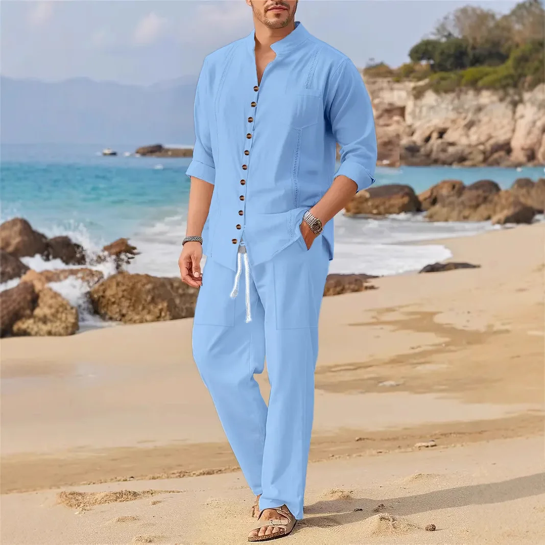 2025 Spring and autumn Cuban style fashion men\'s shirt trend casual multi-button stand collar loose long sleeve pants beach suit